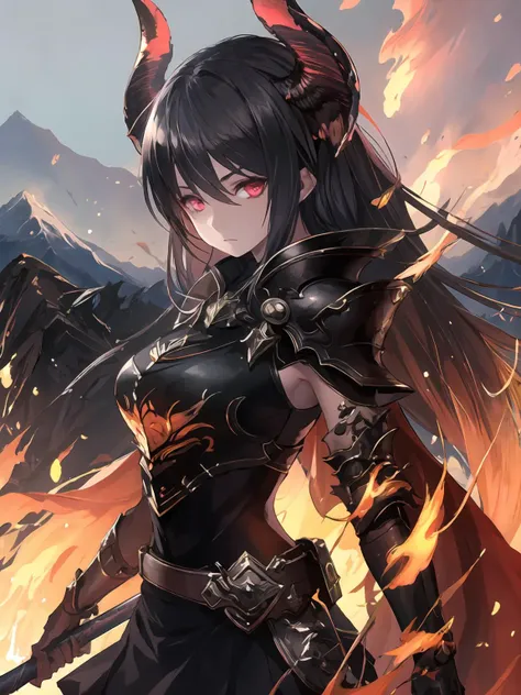 a woman in a black dress with horns and a sword