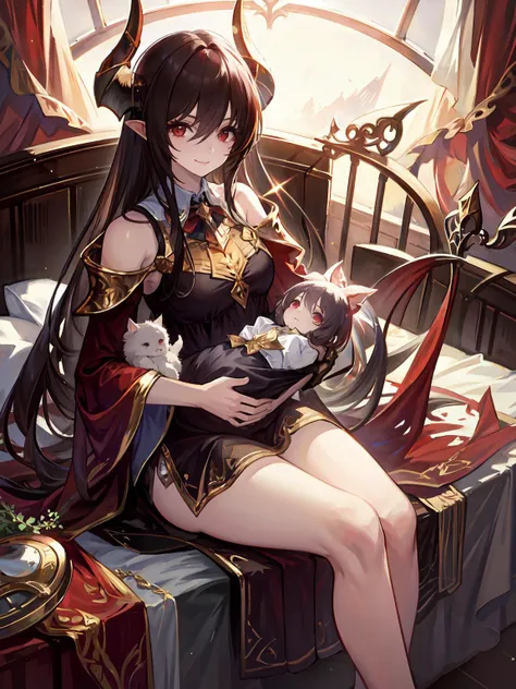 anime girl sitting on a bed with a cat in her lap