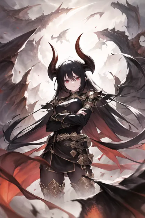 a woman in a black dress with horns and a cape