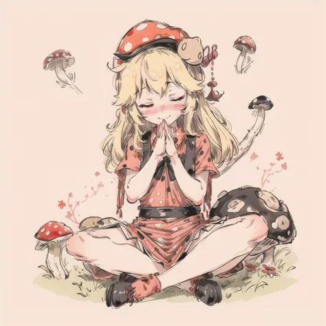 kawaii amitie petite cute 1girl, embarrassed nose blush smile style parody <lora:illuminationStyle_v2Epoch3:0.7> princess peach sitting on a giant red polka dot mushroom, even lighting, eyes closed, smelling flower in hands