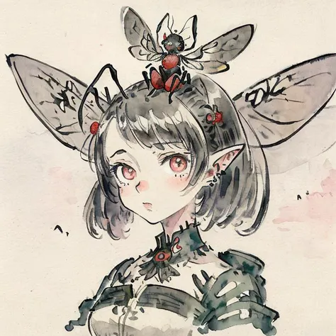 a girl with ant antenna on her head, multifaceted eyes, insect wings for ears
best quality, masterpiece, 8k, RAW, extremely detailed, intricate, watercolor