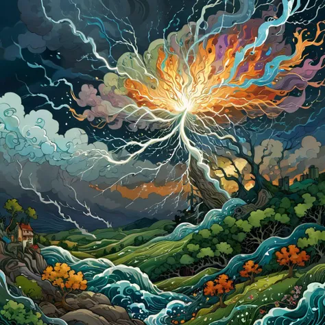 Zentagle extreme effect, surrealism, ((A Pillow of Winds)), artwork by de es, landscape with Variegated splashes of color, fantastical surrealist, elegant, storm clouds, beautiful high-definition by Daniel Merriam, Ivan Bilibin, Ernst Haeckel, Joe Fenton, ...