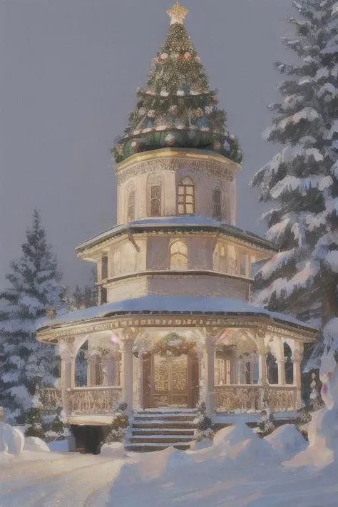 New Years tree,
traditional Russian decorations,
realistic,
snowy background,
dynamic light, 
ultra detail,
extremely detailed CG, 
full detail, 
realistic, 8k, 
micro intricate, 
masterpiece,
comicbookpencils,
by Kentaro Miura