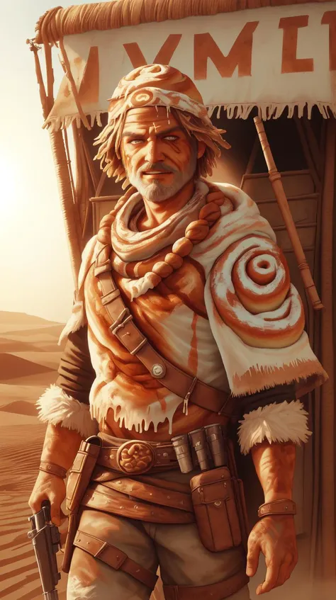 <lora:CinnamonBunStyle:1.0>CinnamonBunStyle  (bloody scars:0.7), looking at viewer, focus on character, solo, half shot, detailed face, (madmax theme:1.1), outlaw, 10%bandana, holster,  poncho, native american necklace, walking, grinning, 18th century wild...