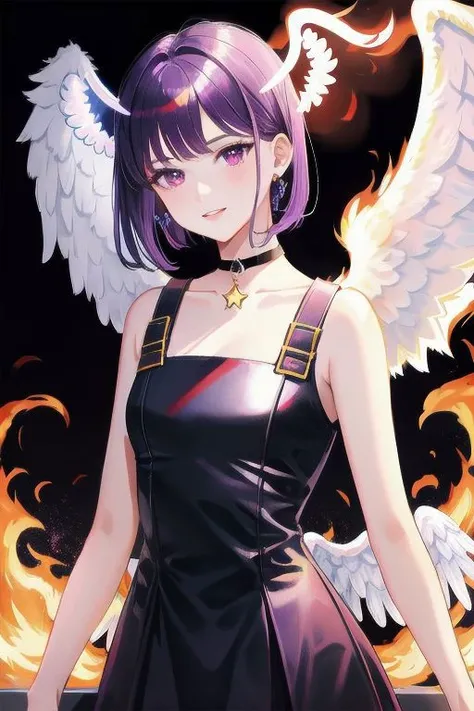 1girl, halo, sketch, halftone,
short hair, purple hair, choker, (((angel wings))), depth of field, (masterpiece, best quality), intricate details, thin, ((slim)), beautiful girl, perfect face, expressive eyes, twintail, white skin, red eyes, sharp jawline,...