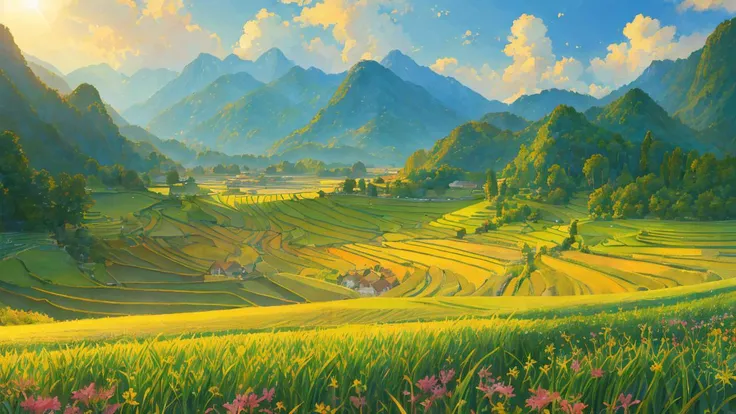 a painting of a valley with mountains and fields in the background