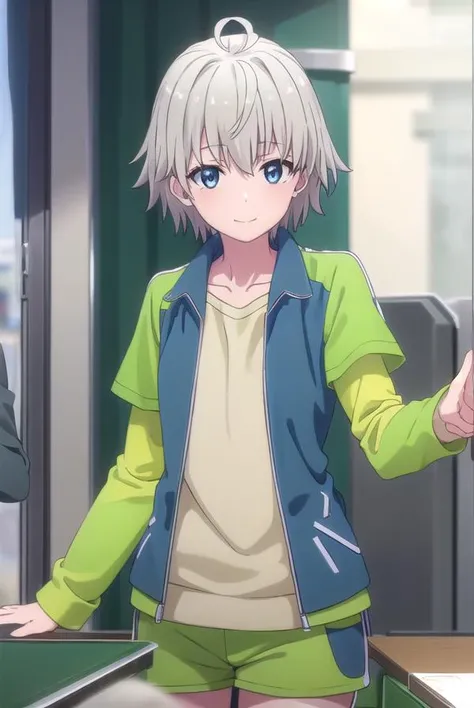 saikatotsuka, <lora:saika totsuka s2s3-lora-nochekaiser:1>,
saika totsuka, blue eyes, ahoge, grey hair, male focus, smile,
BREAK jacket, green jacket, shirt, white shirt, open jacket, shorts, green shorts, raglan sleeves,
BREAK indoors, classroom,
BREAK lo...