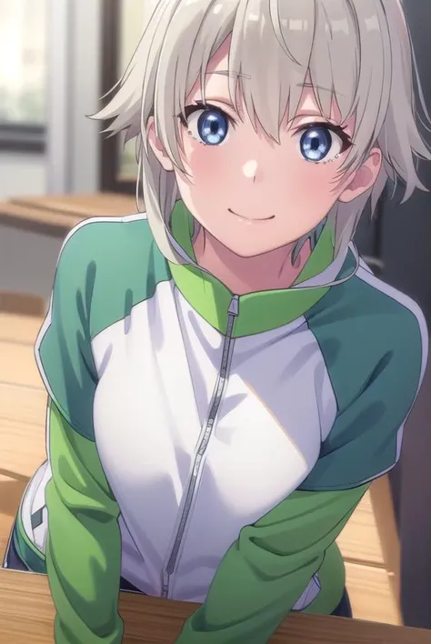 saikatotsuka, <lora:saika totsuka s2s3-lora-nochekaiser:1>,
saika totsuka, blue eyes, ahoge, grey hair, male focus, smile,
BREAK jacket, green jacket, shirt, white shirt, open jacket, shorts, green shorts, raglan sleeves,
BREAK indoors, classroom,
BREAK lo...