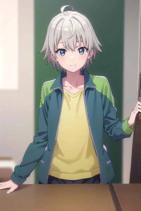 saikatotsuka, <lora:saika totsuka s2s3-lora-nochekaiser:1>,
saika totsuka, blue eyes, ahoge, grey hair, male focus, smile,
BREAK jacket, green jacket, shirt, white shirt, open jacket, shorts, green shorts, raglan sleeves,
BREAK indoors, classroom,
BREAK lo...