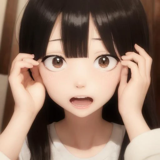 anime girl with long black hair and big eyes holding her hands to her face