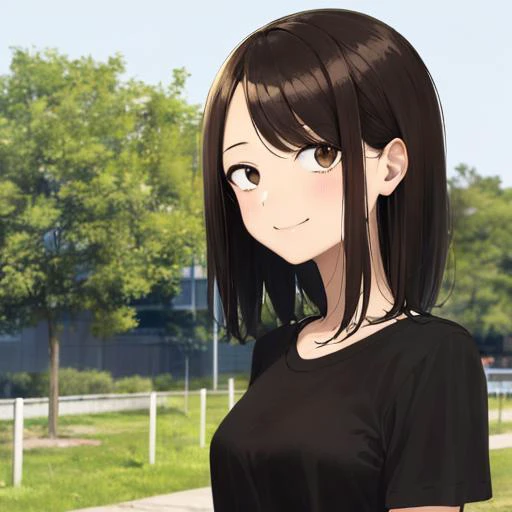 anime girl with black hair and brown eyes standing in front of a building