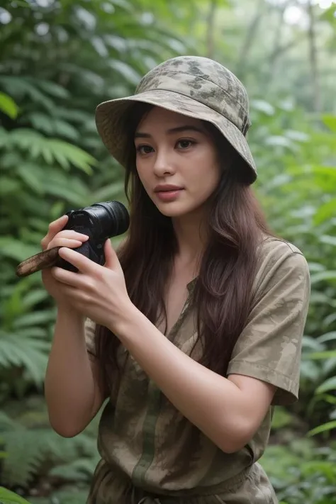 8. Female wildlife photographer (ethnicity: White, age: mid-30s) in a dense rainforest (setting: natural, wild). Shes in camouflaged outdoor gear (fabric: waterproof, green) with her hair under a hat, and no makeup. Shes photographing exotic birds (action:...