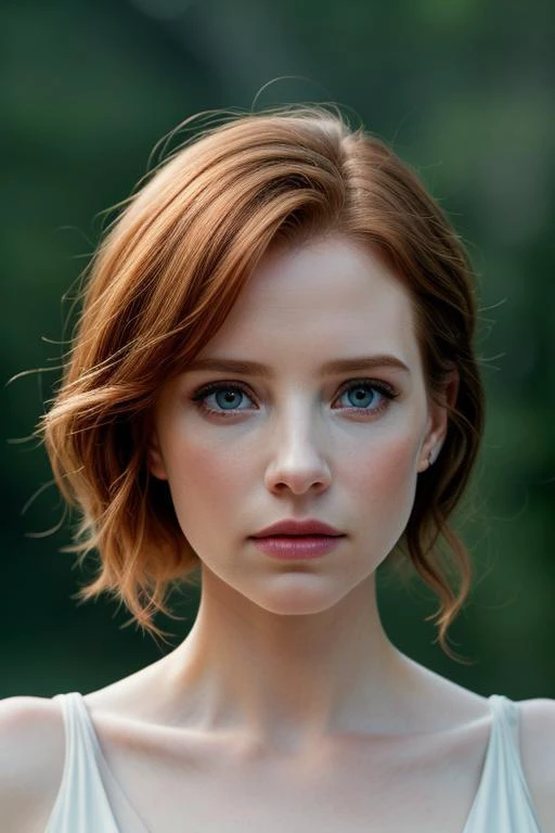 a woman with red hair and blue eyes looks at the camera