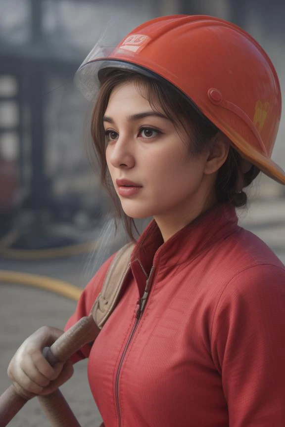 6. Female firefighter (ethnicity: Caucasian, age: mid-30s) in front of a burning building (setting: intense, emergency). Shes in full firefighting gear (fabric: heat-resistant, reflective) with her hair tucked under her helmet, and no makeup. Shes holding ...