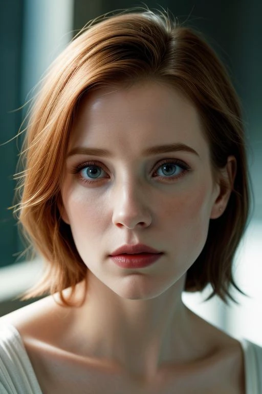 a woman with red hair and blue eyes looking at the camera