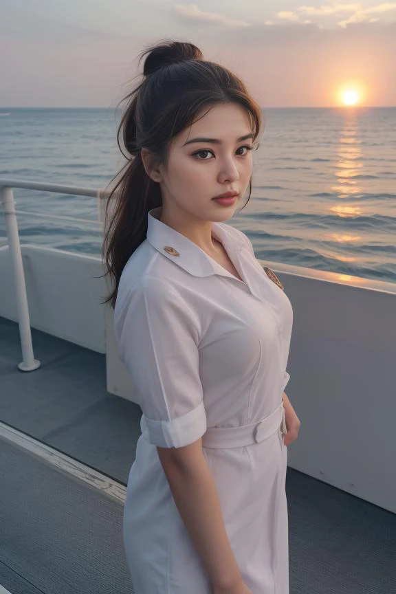 5. Female marine officer (ethnicity: East Asian, age: 30s) on the deck of a navy ship (setting: open sea, sunrise). Shes in a naval uniform (fabric: crisp, white) with her hair in a regulation bun, and minimal, neat makeup. Shes looking through binoculars ...