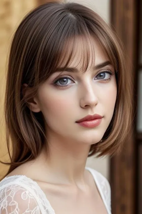 a woman with a short haircut and blue eyes is posing for a picture