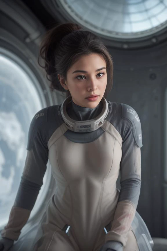 a woman in a space suit sitting on a window sill