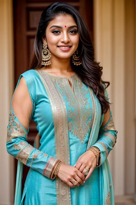 anusha in blue dress and gold jewellery