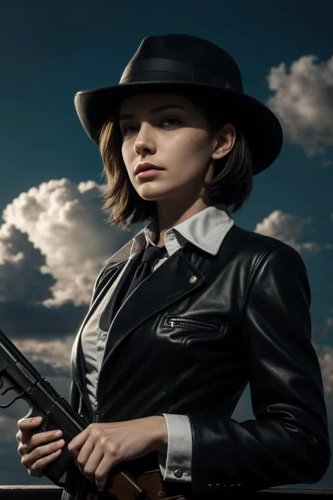 arafed woman in a black hat holding a gun