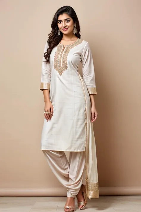 a woman in a white kurta suit and gold pants