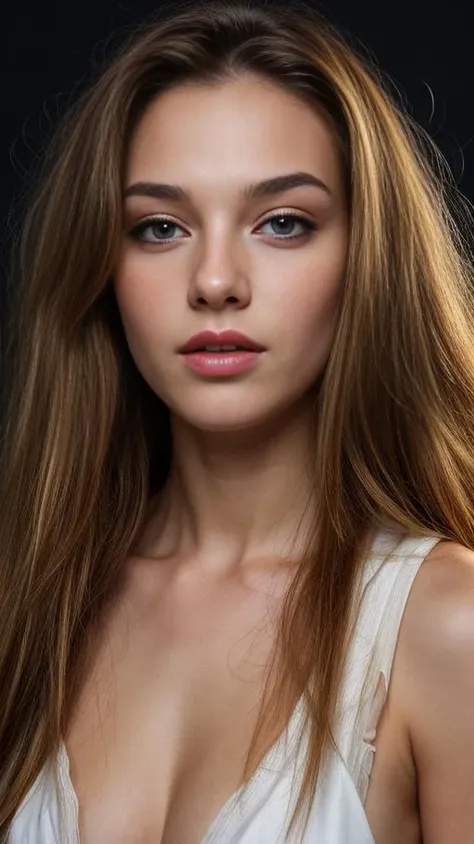 a close up of a woman with long hair wearing a white dress