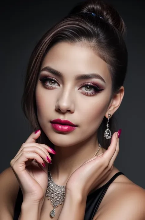 a woman with a pink manicure and a necklace on her neck