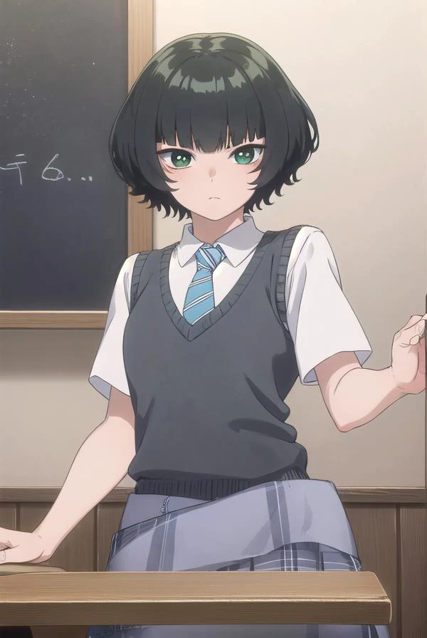 hitohahongou, <lora:hitoha hongou s1-lora-nochekaiser:1>,
hitoha hongou, short hair, bangs, black hair, (green eyes:1.3), blunt bangs,
BREAK shirt, school uniform, white shirt, short sleeves, necktie, sweater vest, blue necktie, skirt, red skirt,
BREAK ind...