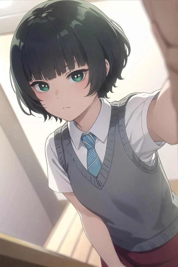 hitohahongou, <lora:hitoha hongou s1-lora-nochekaiser:1>,
hitoha hongou, short hair, bangs, black hair, (green eyes:1.3), blunt bangs,
BREAK shirt, school uniform, white shirt, short sleeves, necktie, sweater vest, blue necktie, skirt, red skirt,
BREAK ind...