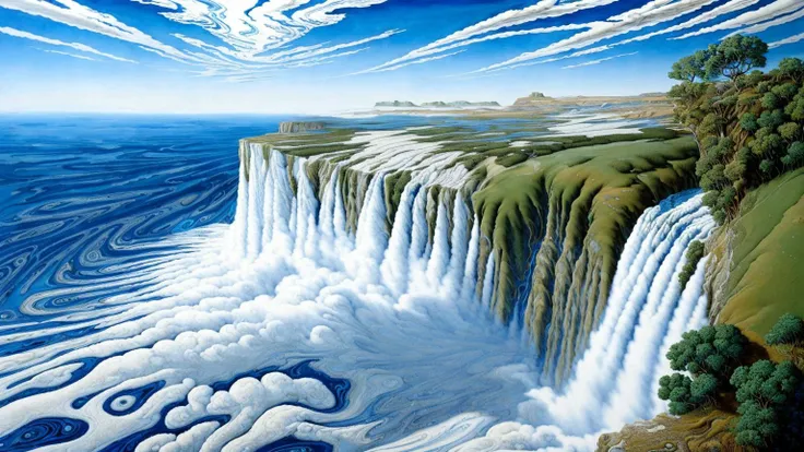 photorealistic surreal oil painting, a magnificent white-toned mrblng02-8000 cliff with waterfall, made of faces, (anthropomorphic clouds), very detailed, intricate, thick brush strokes