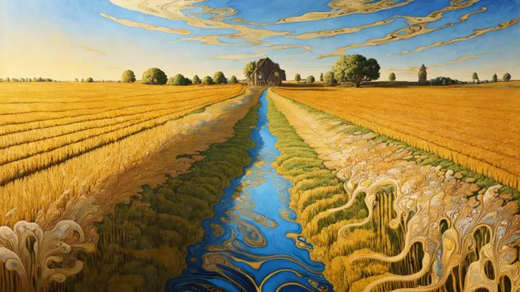 photorealistic surreal oil painting, Art Nouveau, a magnificent gold-toned mrblng02-8000 farm trail through wheat fields, (faeries), very detailed, intricate