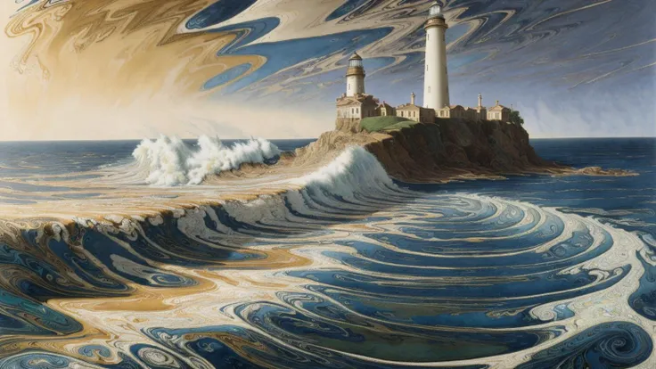 photorealistic surreal oil painting, Art Nouveau, a magnificent bronze-toned mrblng02-8000 lighthouse, huge stormy waves, (faeries), very detailed, intricate