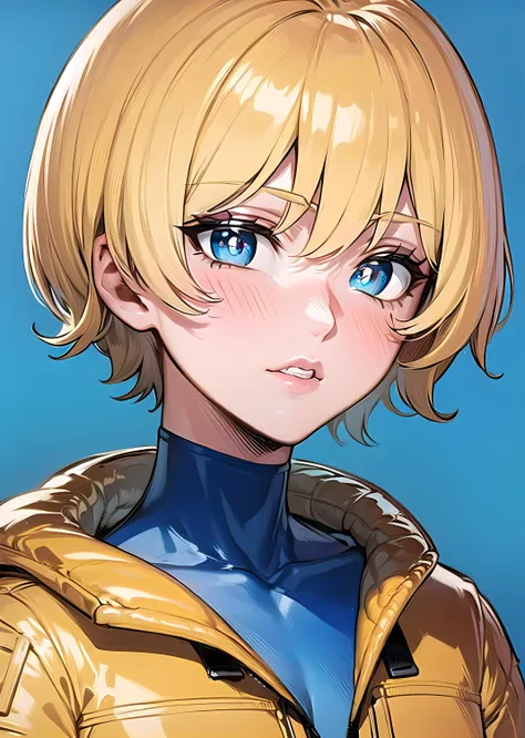 1girls, solo, wattson, masterpiece, highly detailed, blue eyes, detailed eyes, expressive detailed eyes, wide eyed, detailed pupils, blonde hair, short hair, orange jacket, jacket, blue shirt, blue top, blue skinsuit, white pants, blush, plain background <...