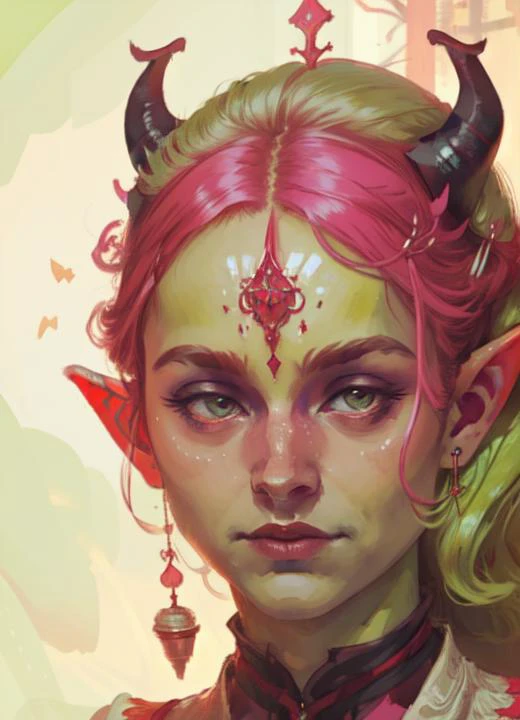 a close up of a woman with horns and a pink hair