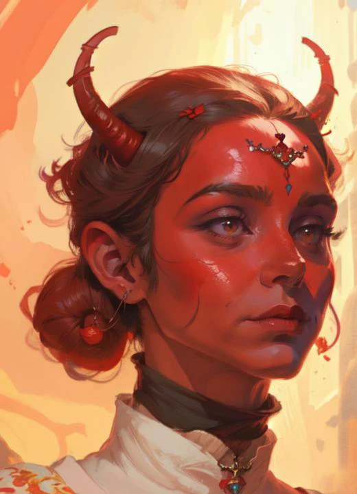 a painting of a woman with horns and a red face