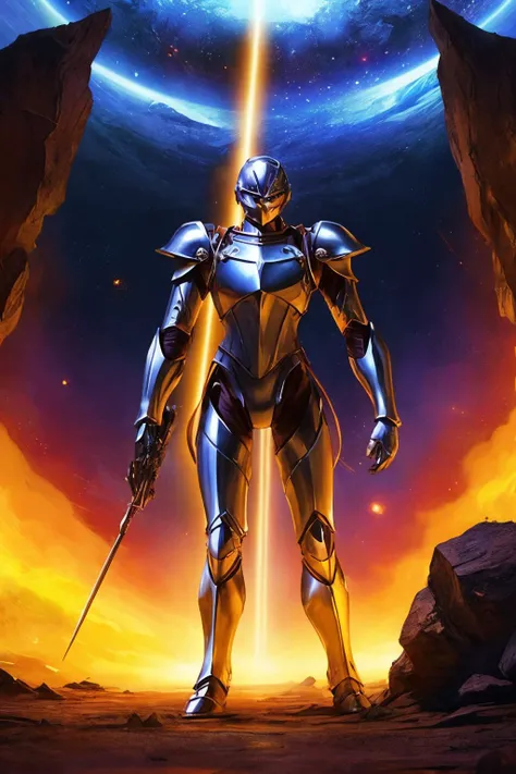 a man in armor standing in front of a planet with a sword