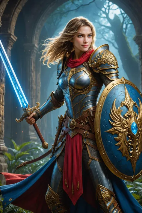 a woman in armor holding a sword and shield in a forest