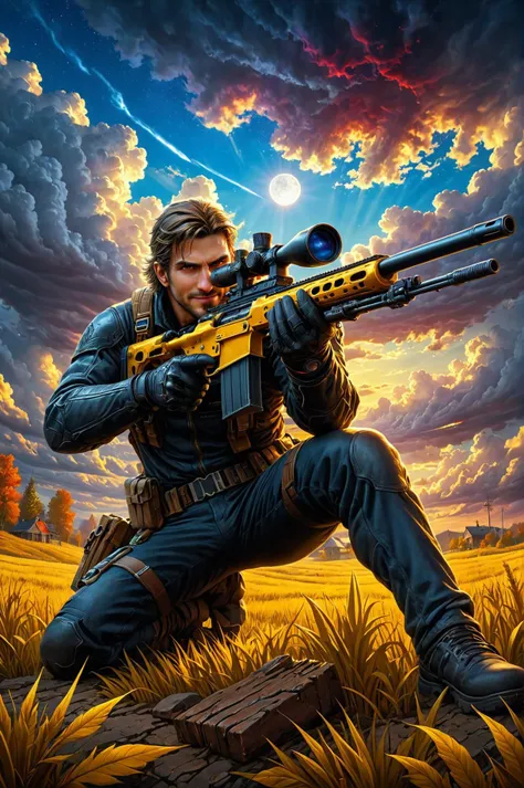 a man with a rifle in a field with a cloudy sky