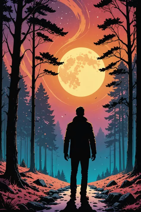 a man standing in the woods looking at the moon