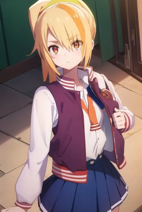 sakinikaidou, <lora:saki nikaidou s2-lora-nochekaiser:1>,
saki nikaidou, blonde hair, eyes visible through hair, hair over one eye, light green hair, long hair, multicolored hair, (orange eyes:1.3), orange hair, ponytail, streaked hair,
BREAK blue skirt, j...