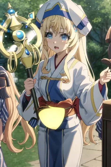 best quality, masterpiece, highres, solo, {yukata:1.40}, {kimono:1.20}, {priestess_goblinslayer:1.15}, blonde_hair, long_hair, blue_eyes, hat, bangs, open_mouth