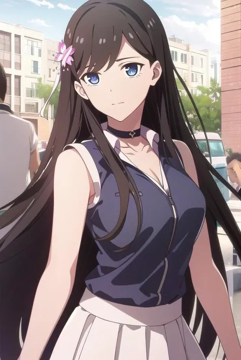 sunrong, <lyco:sunrong-lyco-nochekaiser:1>,
sun rong, long hair, black hair, hair ornament, ahoge, blue eyes, hair flower,
BREAK skirt, shirt, white shirt, sleeveless, choker, black choker, white skirt,
BREAK looking at viewer,
BREAK outdoors,
BREAK <lyco:...