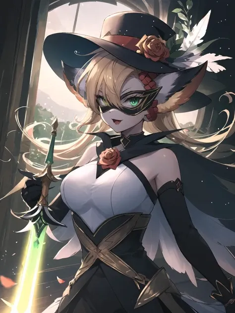 a woman in a witch costume holding a sword and a flower