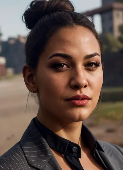 portrait of 1girl janerodbd, beefy body, black eyes, lips, hairbun, latina, pinstripe jacket, shirt, looking at viewer, highly detailed, film grain, vogue photoshoot, 35mm photograph, professional, 4k, highly detailed, <lora:janerodbd_fr34ky:0.8>