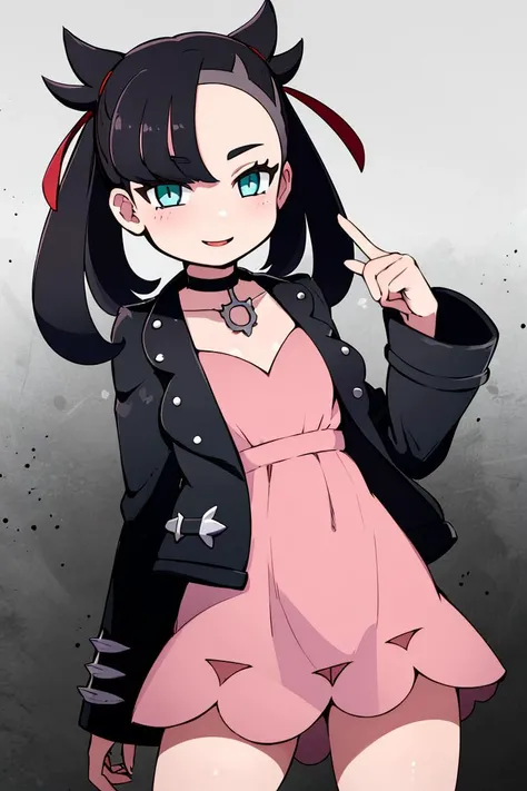 <lora:miyazero_style:0.6>,((masterpiece,best quality)), absurdres, <lora:marnie_v1:0.7>, hmmarnie, aqua eyes, black choker, red ribbon, pink dress, jewelry, black jacket, open clothes, long sleeves,  solo, smiling, looking at viewer, cowboy shot, cinematic...