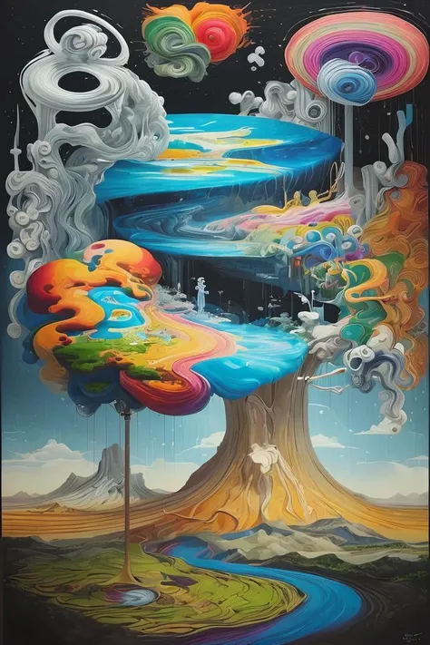 a painting of a tree with a rainbow and clouds on it