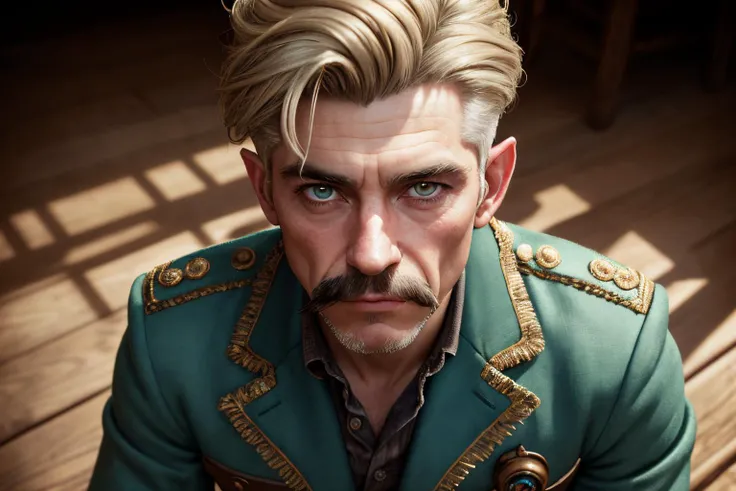 an awarded profesional photography of (1man:1.3) goblin  with turquoise eyes  with  male long quiff hairstyle and English mustache in ash blonde color, dressed like a cowboy   sulking, playing a game solitaire  in France ,(epic scene:1.3),ultradetialed cha...