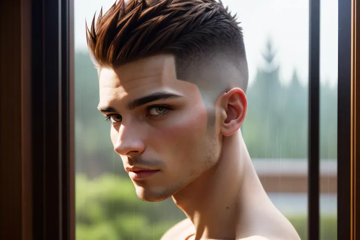 an awarded profesional photography of (1man:1.3) American  with Brown eyes with  male Faux hawk with shaved sides hairstyle hairstyle and chinstrap shaving in copper  color, dressed as tempest   fucked silly, Standing near a window, she gazes at falling ra...