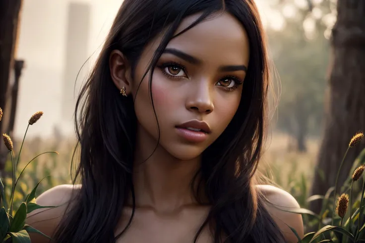 a close up of a woman with long hair in a field