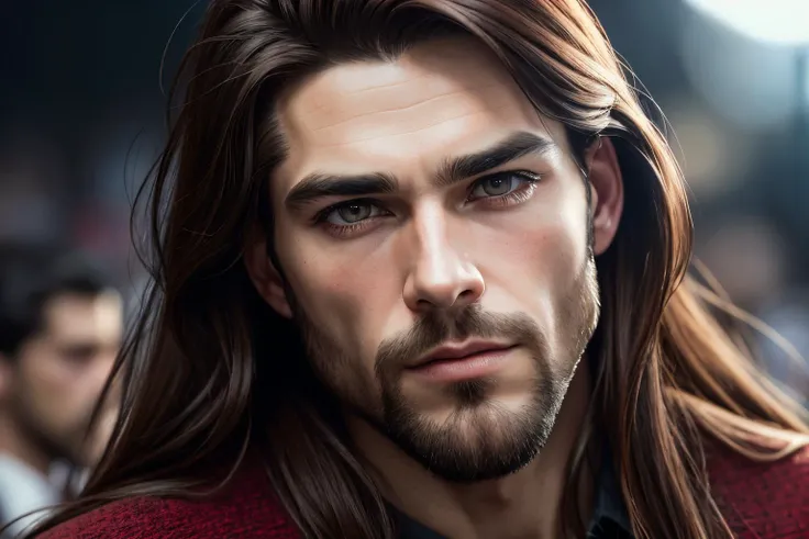 an awarded profesional photography of (1man:1.3) German  with ruby eyes  with  male Long straight hair with a center part hairstyle hairstyle and scruffy beard in red  color, he is Talent agent   furled brow, playing a game living piece   in movie theater ...